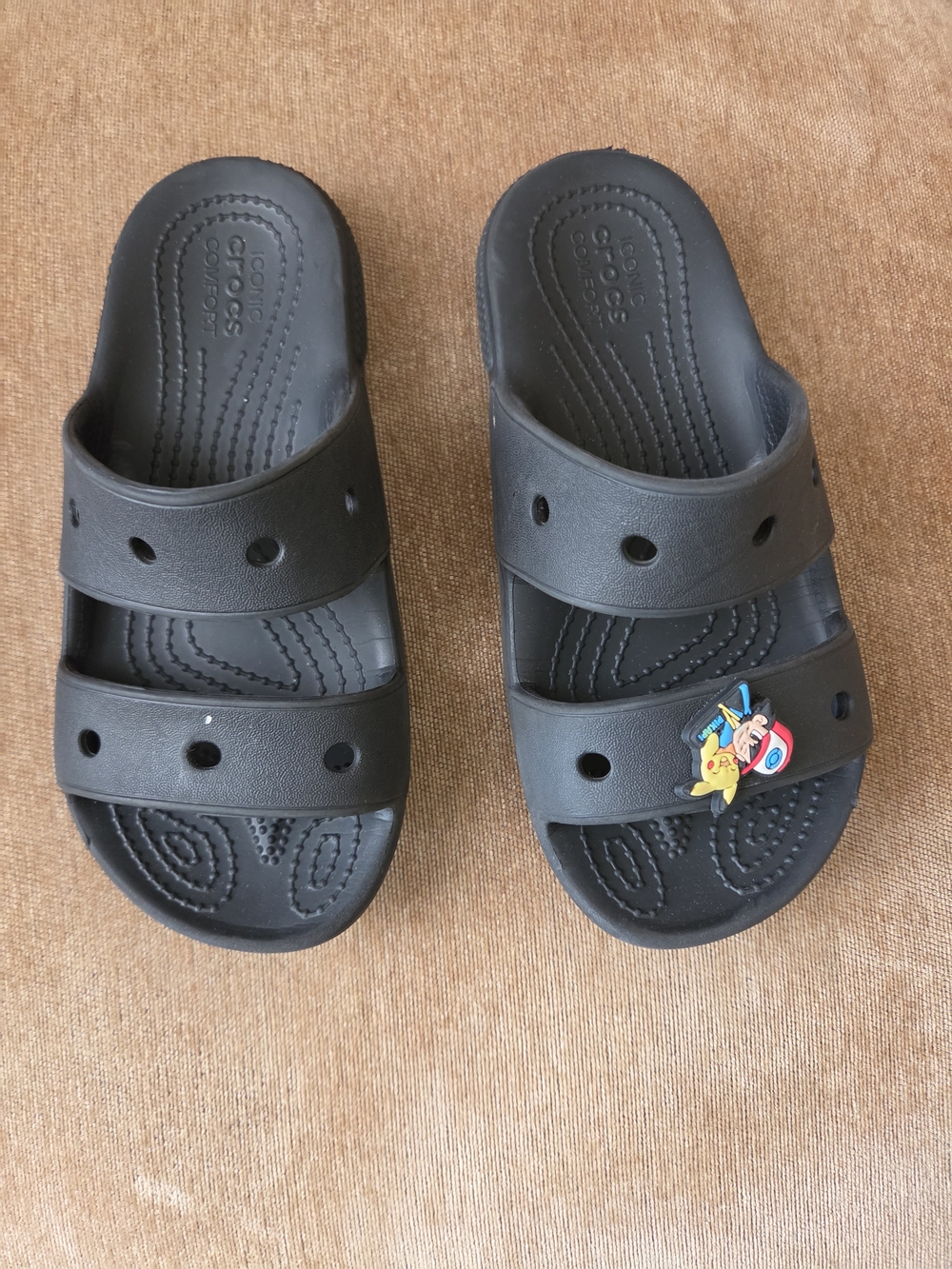 CROCS Kids Black Slide Sandals with Colorful Cartoon Charm